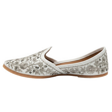 Elegant white jutti footwear with intricate gold embroidery for traditional occasions isolated on transparent background