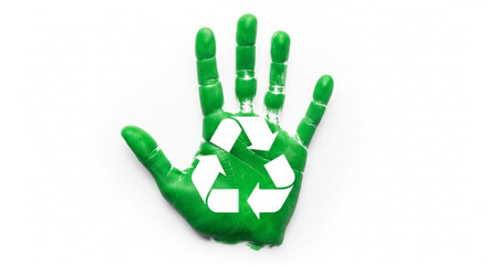 Green handprint with recycling symbol on white background symbolizing eco friendly practices and sustainability efforts in environmental conservation