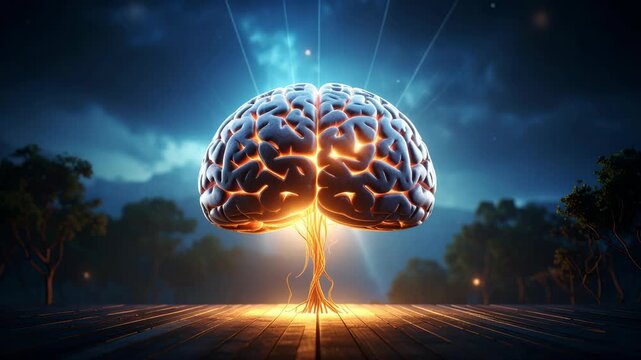 Glowing brain hovering over a wooden surface with light beams at night