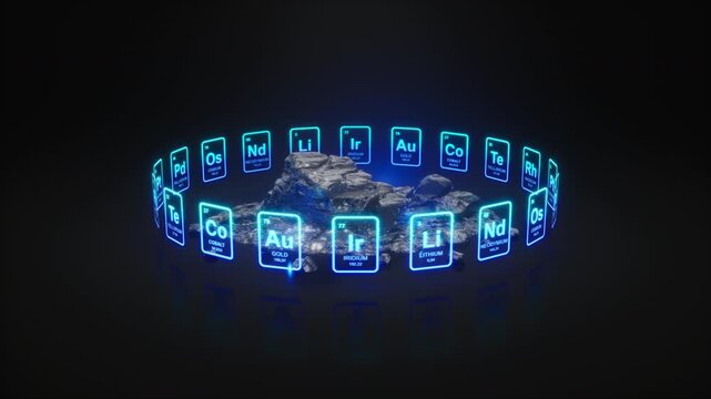 Rare Earth Elements, Periodic Table Hologram with Glowing Ores