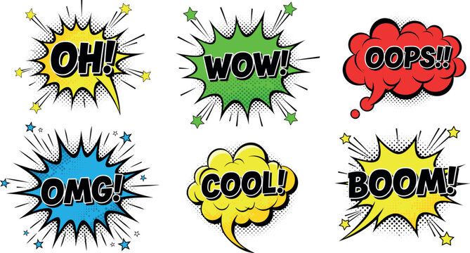 Set of colorful comic speech bubbles with WOW OMG OOPS COOL BOOM and surprise explosion effects