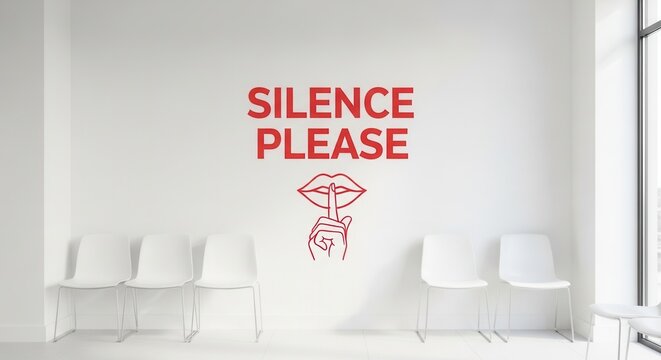 Minimalist Room With Silence Sign And White Chairs Creating Peaceful And Quiet Environment