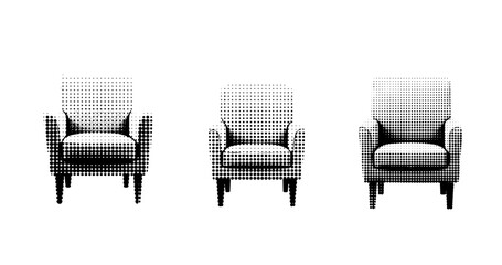 Fototapeta premium Three vintage armchairs in halftone style on white background