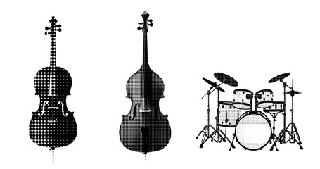 Fototapeta premium Halftone musical instruments: classical cello, double bass, and drum set in black and white