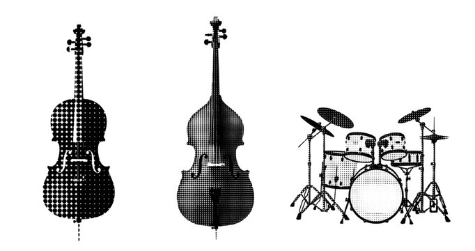 Halftone musical instruments: classical cello, double bass, and drum set in black and white