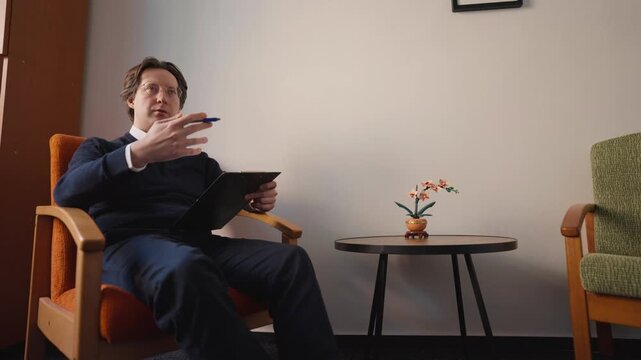 A therapist sitting in a chair and talking to a client. Talk therapy helps people through difficult situations in tough times.