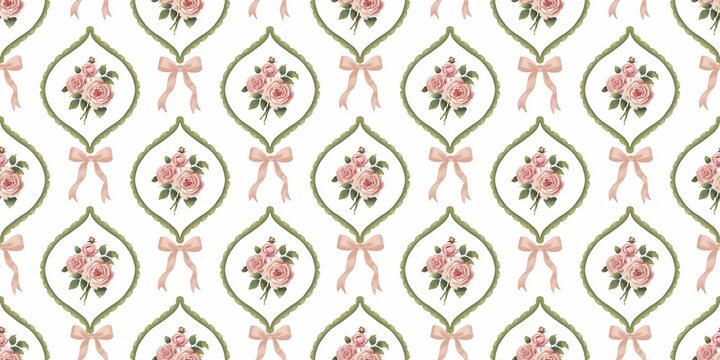 Elegant seamless pattern with pink rose bouquets in vintage frames and silk bows. Romantic floral illustration in pastel colours  for wedding stationery, feminine branding, and textile design.