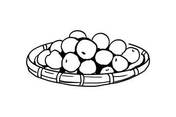 竹ざるに盛った青梅の線画イラスト（梅仕事・手書き）