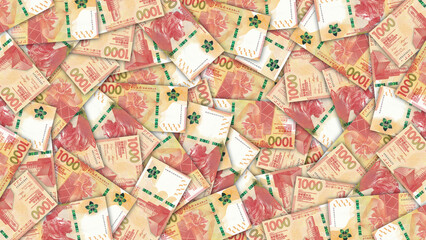Fototapeta premium Financial illustration. Many scattered paper bills from various banks, each with denomination of 1000 Hong Kong dollars. Modern money of chinese province. Economic wallpaper or background