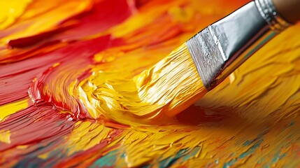 Fototapeta premium Brush applying vibrant yellow paint on a colorful canvas