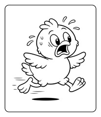 Fototapeta premium Scared Cartoon Chick Running Fast with Sweat Droplets, Black and White Line Art