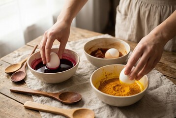 Woman dyeing eggs with natural colors in bowls on wooden table  easter
