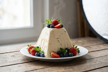 Sweet dessert with berries served on a wooden table near window  easter