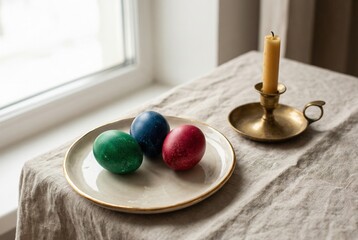 Colorful Easter eggs on plate with candle on table by window  