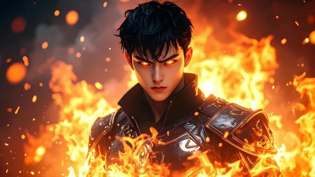 Intense male warrior with glowing eyes surrounded by roaring flames and embers