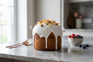 Easter cake with icing and decorations on marble countertop  