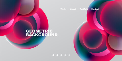 Abstract geometric background. Overlapping circles create dynamic visual effect. Minimalist design with text elements, navigation options.