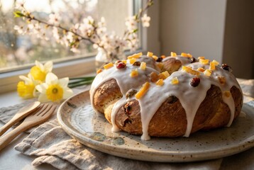 Traditional sweet bread with icing and decoration on wooden table  easter