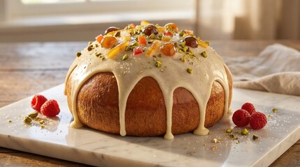 Glazed fruit cake with nuts and raspberries on marble surface  easter