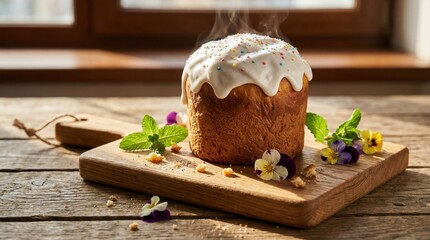 Freshly baked cake with icing and flowers on wooden cutting board  easter