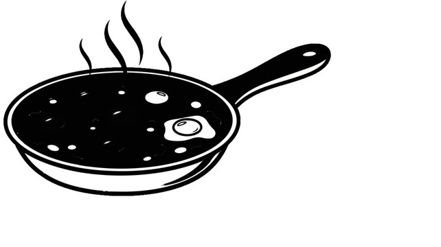 A black and white illustration of a frying pan with food and steam