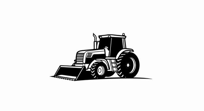 A black and white illustration of a front loader tractor with a shovel attachment.