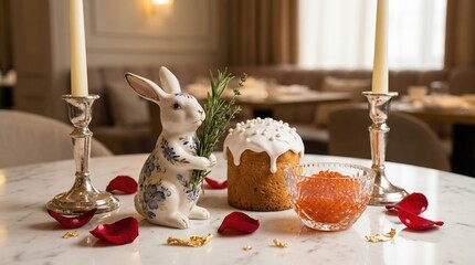 Easter table setting with decorated cake, bunny, and candles  