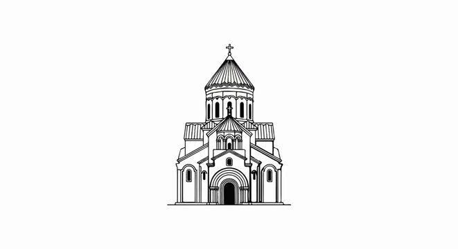 A black and white line drawing depicts a large, ornate church with a central dome