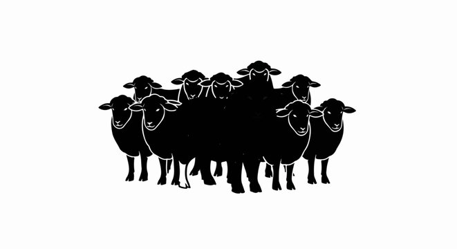 A black and white silhouette of a flock of sheep clustered together