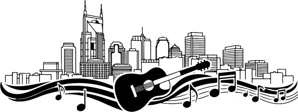 A black and white illustration of a city skyline with a guitar and musical notes