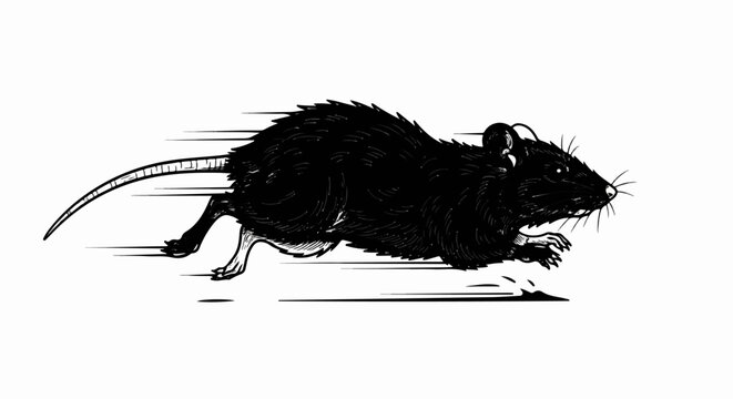 A black and white illustration of a rat running quickly, its fur detailed with texture