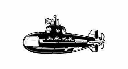 Obraz premium A black and white cartoon illustration of a submarine with a propeller and periscope