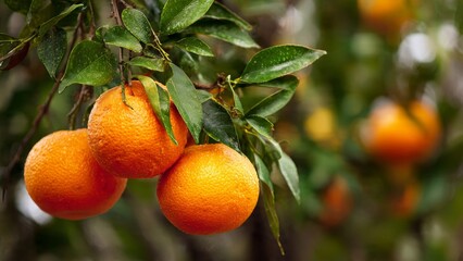 Group of oranges on a branch with water droplets, close up view