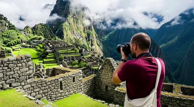 A male photographer skillfully captures the breathtaking ancient Inca city of Machu Picchu nestled high in the Peruvian Andes mountains.