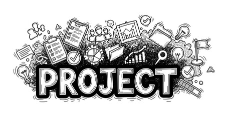 Creative project management doodle with charts and icons