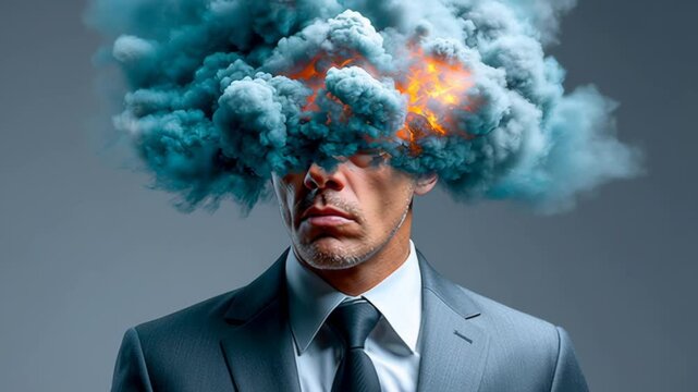 Male figure in a suit with a cloud of smoke and fire emerging from his head, showcasing a surreal visual effect in a studio setting with gray background