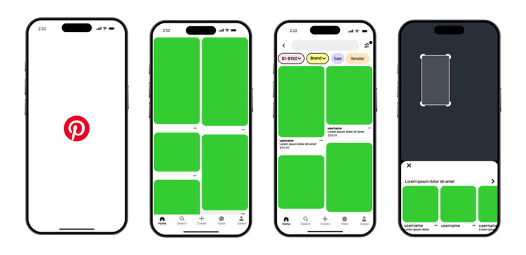 Pinterest UI Mockup &ndash; Mobile App Design for Home Feed, Pinning, and Profile Template with Green Screen.