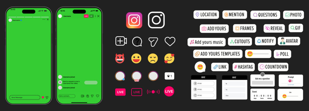 Instagram Stories and Live Tools UI Mockup with Green Screen Background, Story Making Interface Stickers, Location, Mention, Poll, Countdown, Quiz, Avatar, Hashtag Icons, and Social Media Post Labels