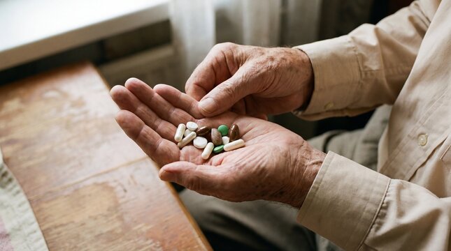 Close-up of elderly man's hands holding a variety of pharmaceutical capsules and tablets for complex medical treatment