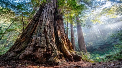 Fototapeta premium Massive ancient redwood tree trunk in a sunlit forest with intricate bark texture