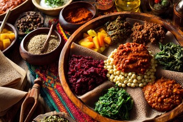 Fototapeta premium Colorful Ethiopian Injera Platter with Variety of Delicious Dishes