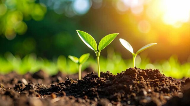 Young green sprouts emerge from fertile soil in warm golden sunlight