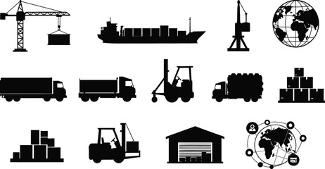 Obraz premium Industrial port scene with cargo vehicles and a crane silhouette