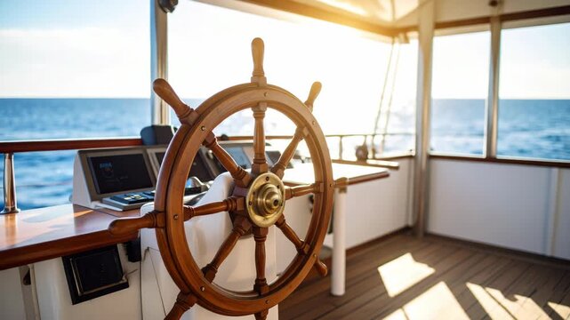 Wooden helm and navigation console on a boat with ocean view