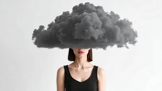 Woman with a dark storm cloud obscuring her face against a neutral background