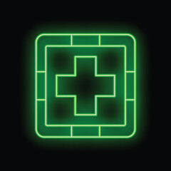 Fototapeta premium Green neon sign first aid kit icon glowing on black background