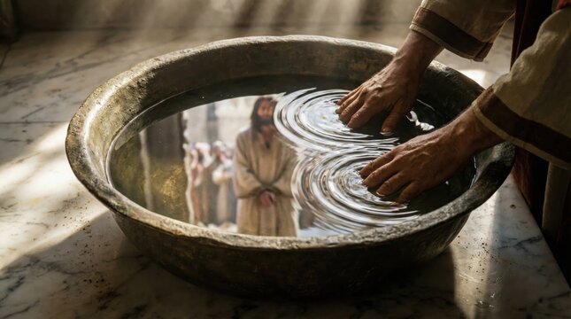 Pontius Pilate washing his hands. Biblical narrative, religious story.Man washing hands in a bowl, reflection of Jesus in water.