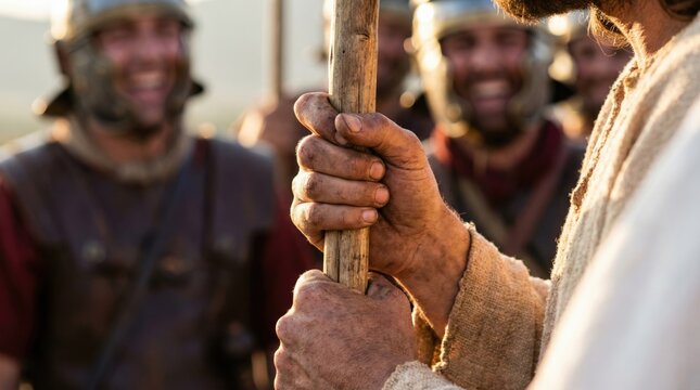Man holding a wooden staff with hands as Roman soldiers mock him. Biblical scene illustrating Jesus suffering for Easter and religious story.