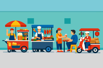 Fototapeta premium Busy Street Food Market Scene with Vendor Carts and Customers. Flat Vector Illustration of Urban Culinary Culture and Small Business.
