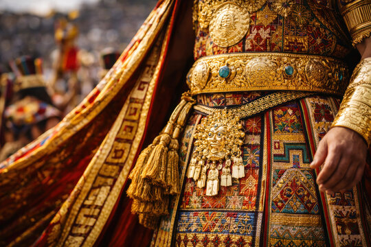 Detail of Traditional Inca Ceremonial Costume, Inti Raymi Sun Festival, Gold Jewelry and Ornaments